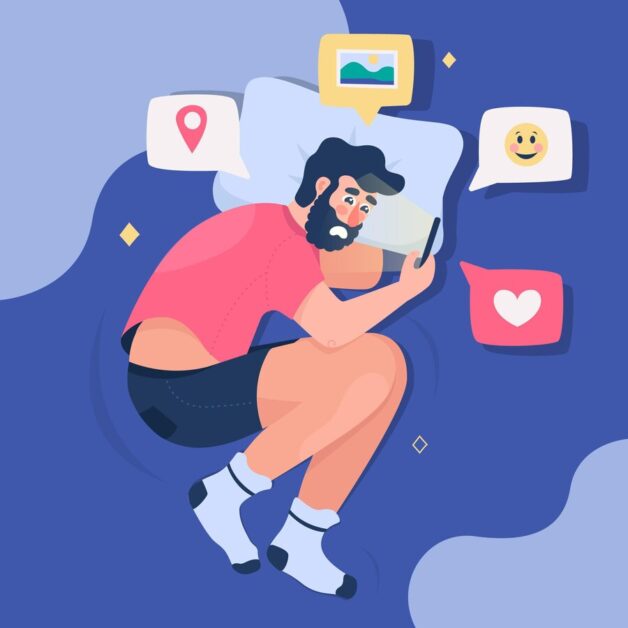 An animated man feeling sad while watching people on social media 