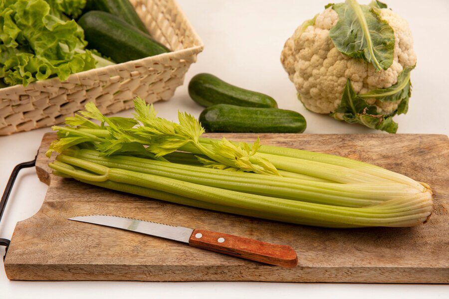 Celery on a tray. Celeries are hydrating foods 