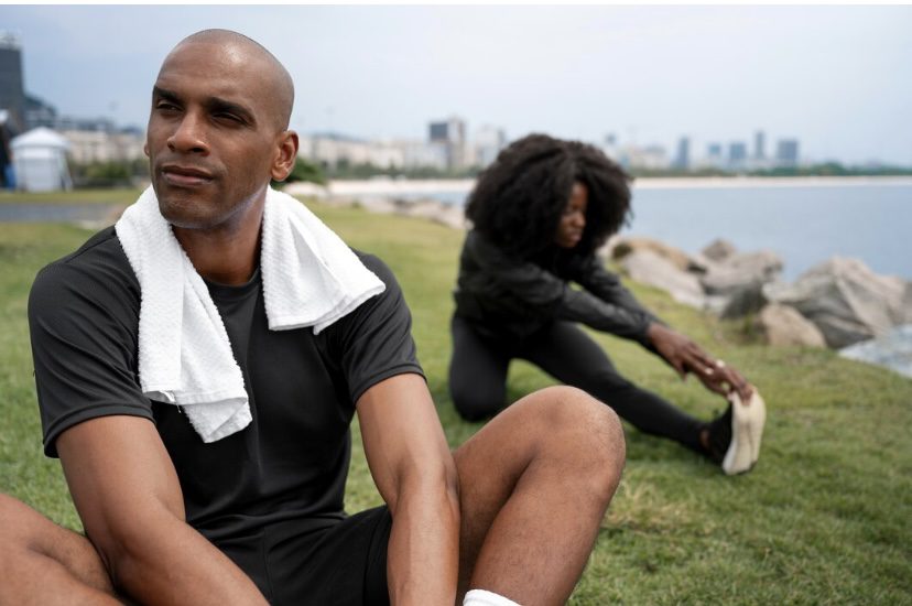 Man and woman outside working out. Fitness over 40 