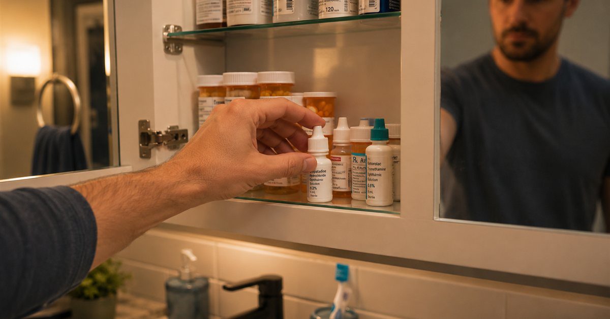 Open medicine cabinet with prescription eye drop bottles